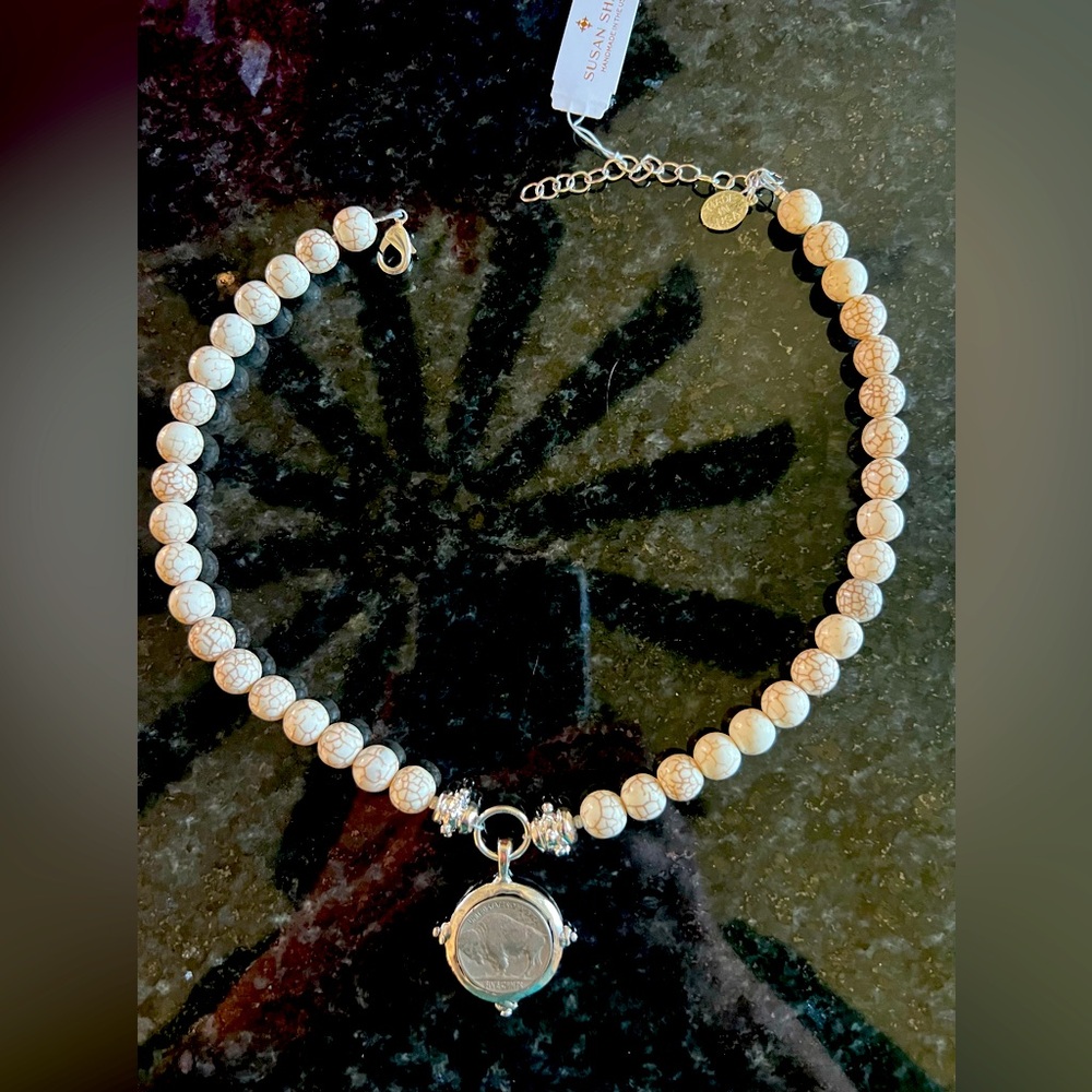 White turquoise and Silver Necklace with Buffalo Nickel Pendant